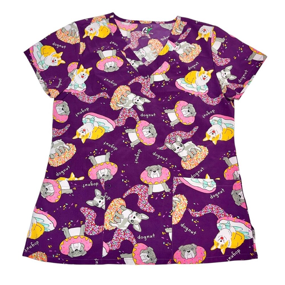 Scrub Top Dog Lovers Donuts Sz Small Corgi Bulldog Purple Nurse Vet Tech Shirt